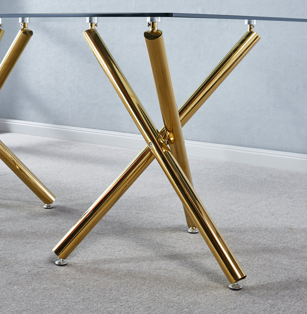 Rectangular Tempered Glass Dining Table with Double Stainless Steel Base, Modern Dining Room Interior Design, For 6 People