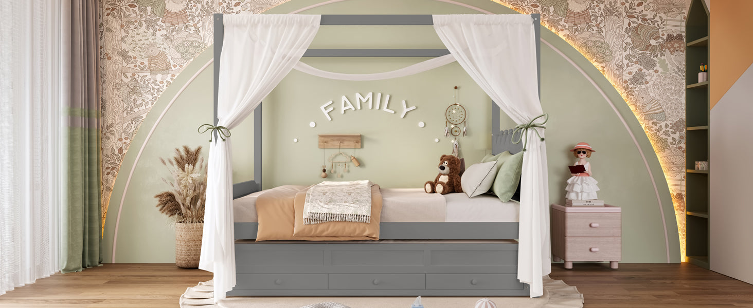 Full Platform Bed with Upholstered Headboard,Twin Size Trundle and 3 Drawers,Princess Canopy Bed Frame for Kids,Storage & Easy Assembly,Gray.
