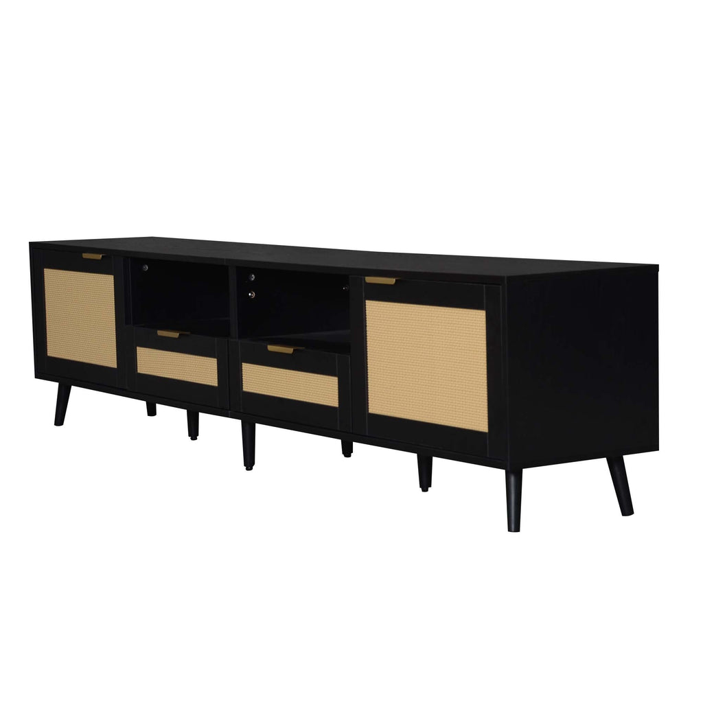 Rattan TV Stand for TVs up to 85'', Modern Farmhouse Media Console, Entertainment Center with Solid Wood Legs, TV Cabinet for Living Room,Home Theatre