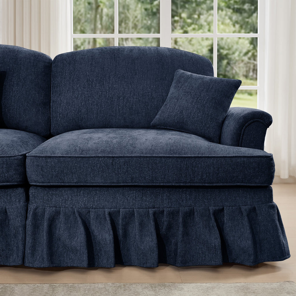 Elegant Mid Century Large 3 Seater Sofa Couch with Flared Arms and Removable Ruffles Pleats Skirts and Spindle Legs, Comfy Chenille Three-Seat Sofa for Living Room, Blue
