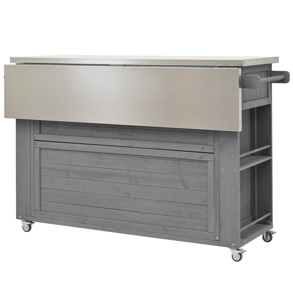 Outdoor Kitchen Island Fir Wood Kitchen Island with Stainless Steel Top, Ample Storage, Towel and Spice Racks, Bottle Opener, Grey