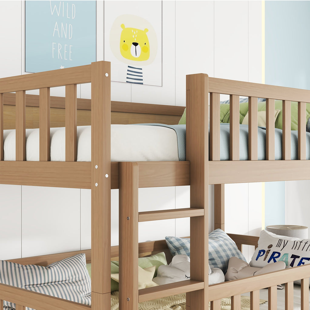 Twin Size Triple Rubber Wood Bunk Bed, with Ladders, Guardrails Detachable Bunk Bed, Twin over Twin over Twin,Natural
