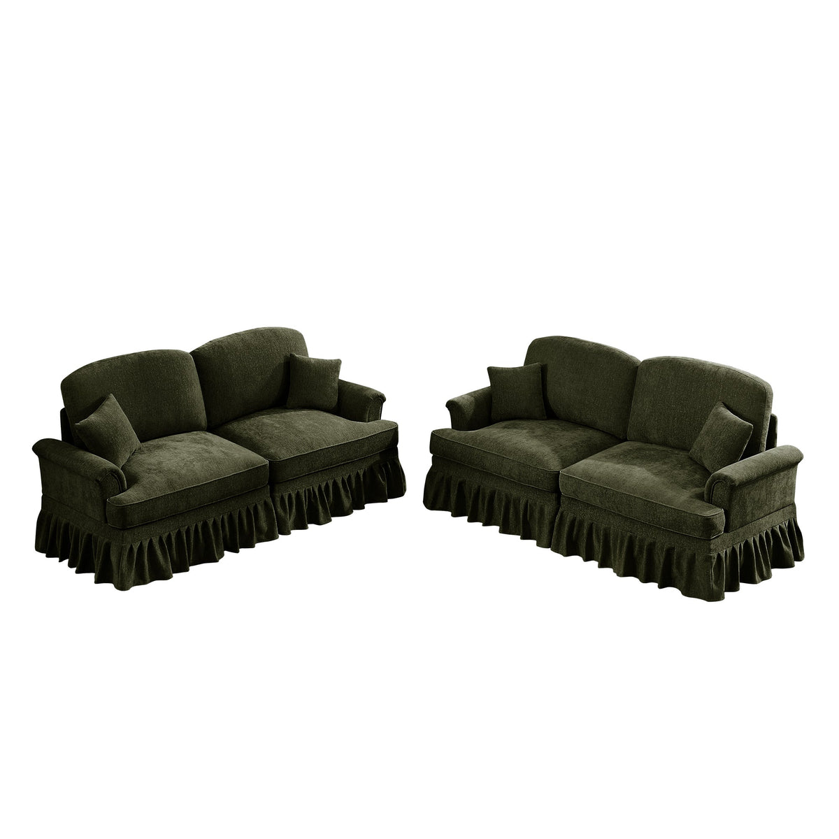 Classic 2 Piece Modular Couch Living Room Sofa Set with Flared Arms and Removable Ruffles Pleats Skirts and Spindle Legs, 2 Seater Sofa + 2-Seat Loveseat Sofa Sets for Living Room,Green
