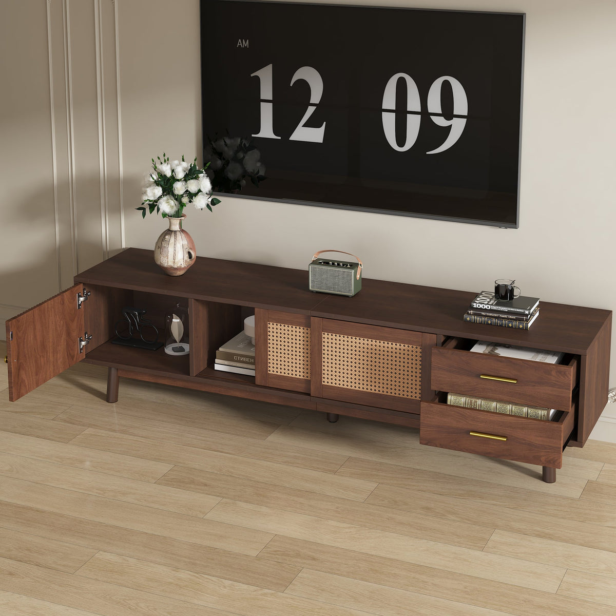 Mid Century Modern TV Stand for 80' TVs, Entertainment Center with Sliding Doors and Drawers, TV Table with Storage for Living Room, Bedroom