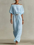 Women's Linen Pants Suit – Solid Color Lantern Sleeve Set