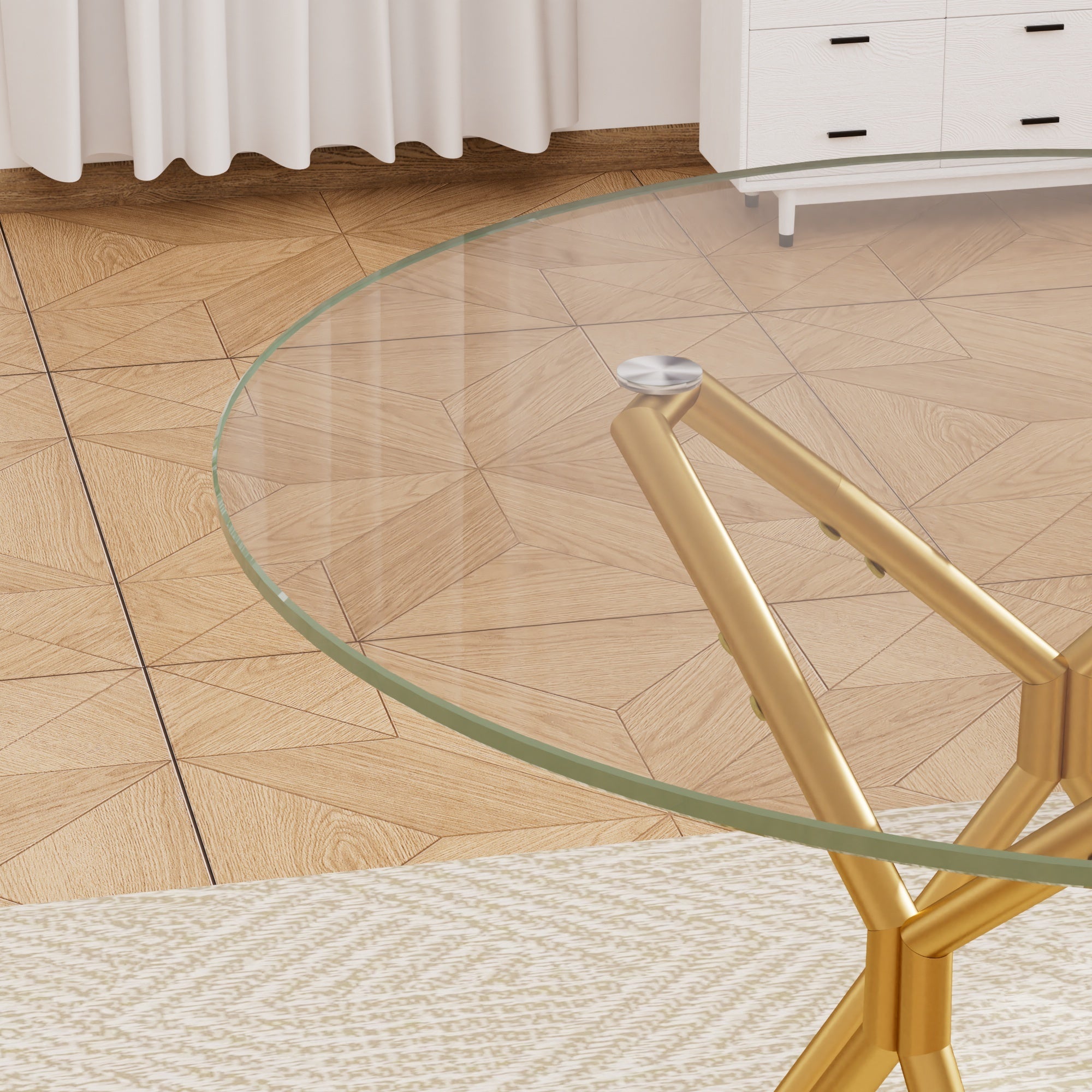 Modern Round Tempered Glass Dining Table with Sturdy Metal Legs for 1-4 People, Gold, 35.4 Inches