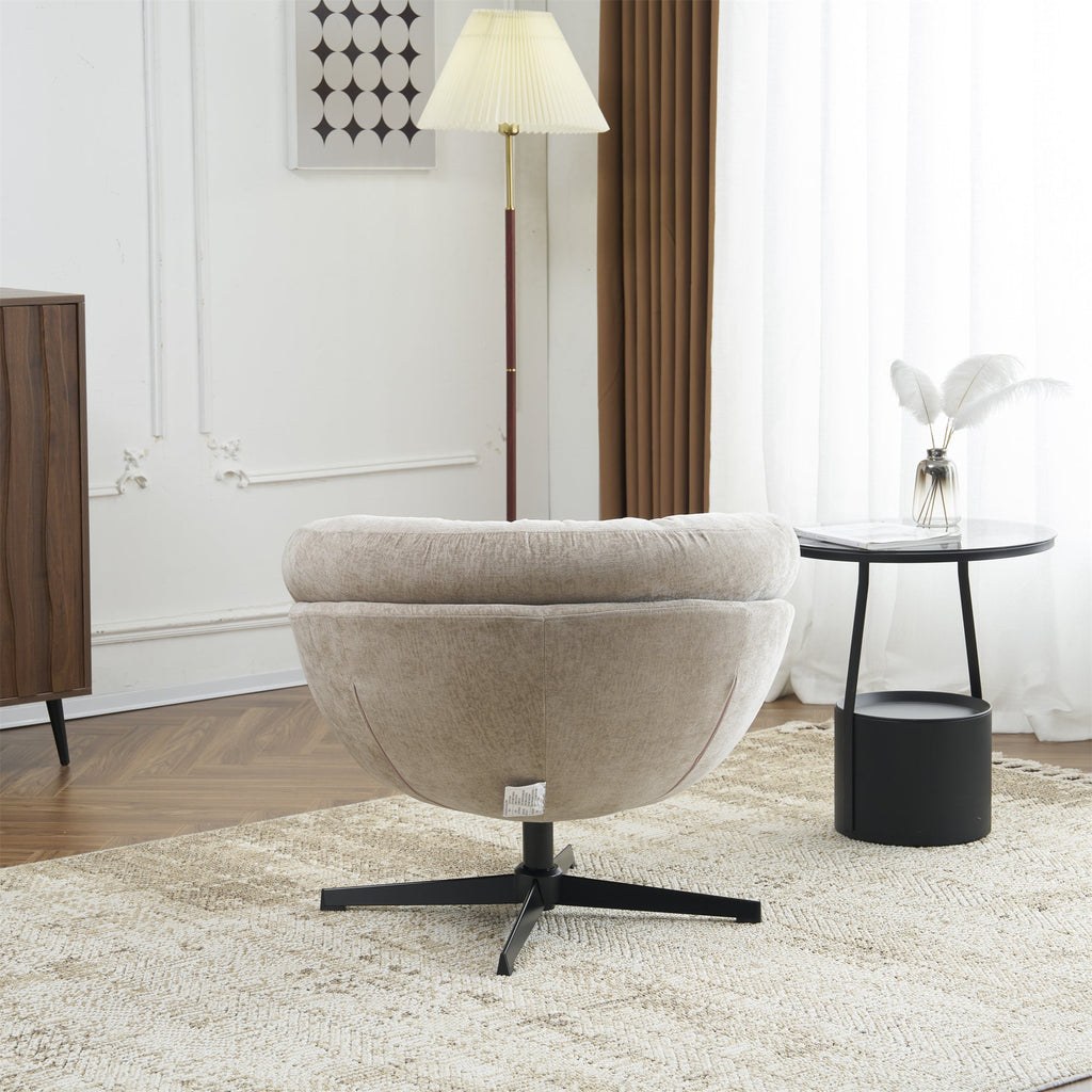 Modern Chenille Office Chair, 360° Swivel Club Chair/Accent Chair with Removable Cushion, Round Office Chair, Black Metal Base, Cotton Material, Living Room, Bedroom, Reading Corner, Office (Brown)