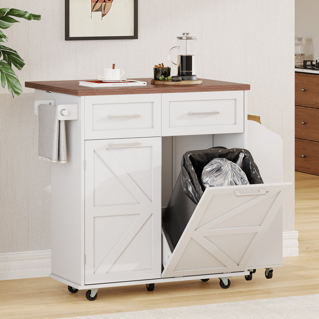 K&K 47.2' Farmhouse Kitchen Island with Drop Leaf, Kitchen Storage Island with Removable Side Racks, Two Drawers, Rolling Kitchen Cart on Wheels with Towel Rack, for Home, Kitchen, Dining Room, White