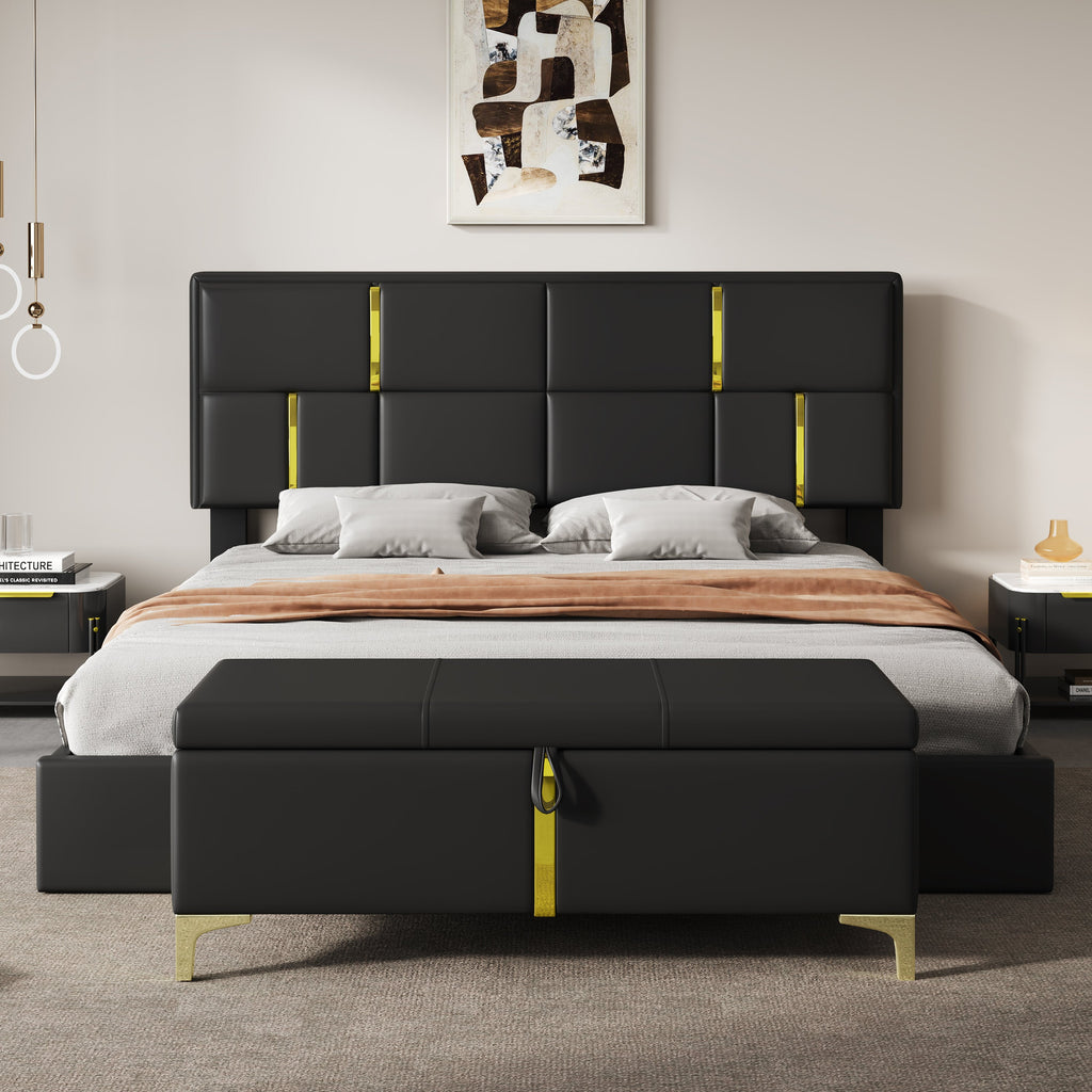 2-Pieces Bedroom Sets,Queen Size Upholstered Platform Bed with Hydraulic Storage System,Storage Ottoman with Metal Legs,Black(Old SKU:N733S207778B)