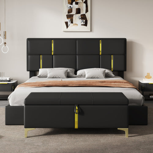 2-Pieces Bedroom Sets,Queen Size Upholstered Platform Bed with Hydraulic Storage System,Storage Ottoman with Metal Legs,Black(Old SKU:N733S207778B)