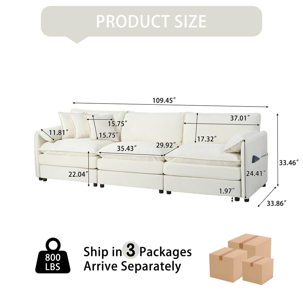 Oversized Deep Seat Sectional Sofa, Green Modern Chenille Cloud Couch, Large 3 Seater Modular Sofa with 3 Pillows for Living Room Bedroom Apartment Office,DIY Combination,Beige