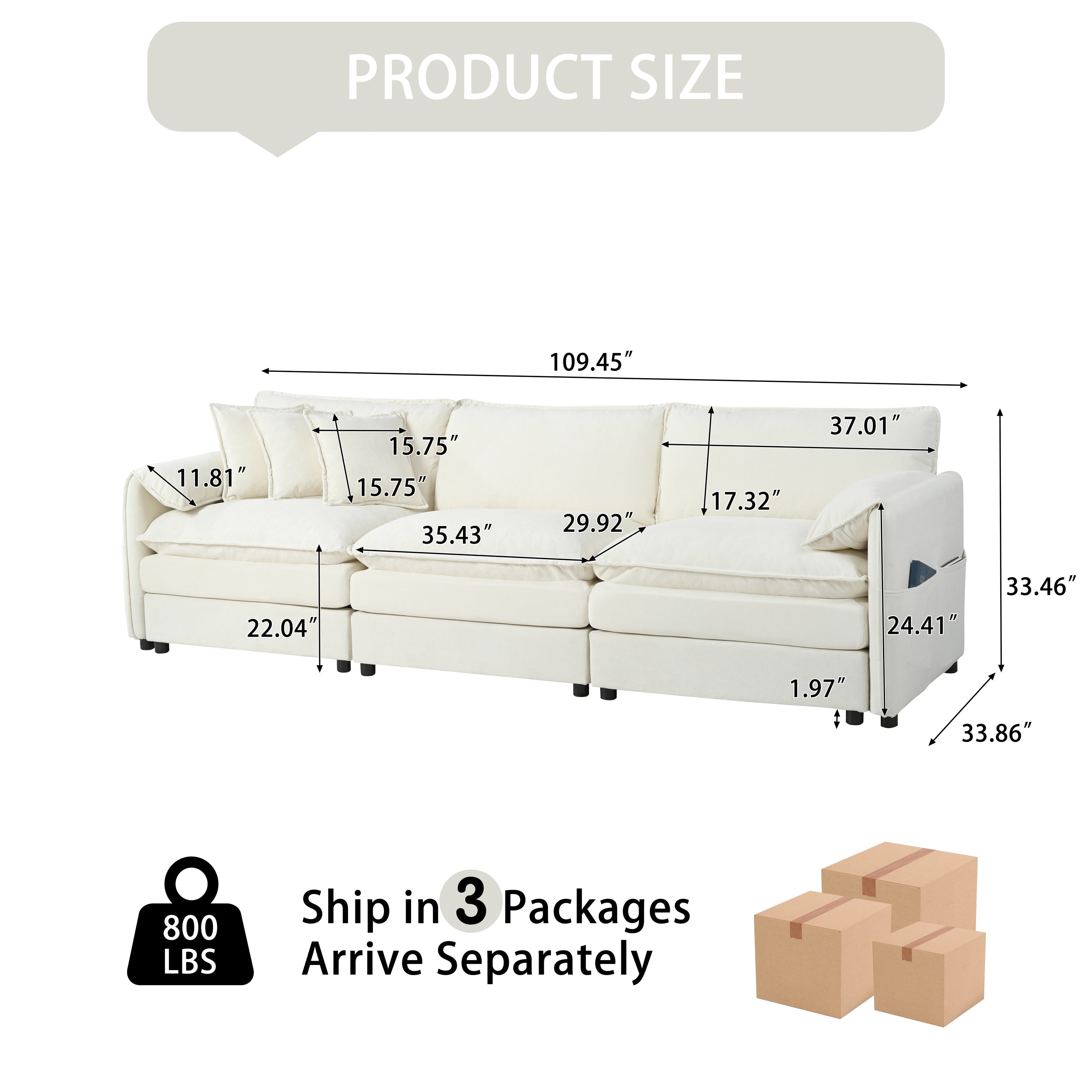 Oversized Deep Seat Sectional Sofa, Green Modern Chenille Cloud Couch, Large 3 Seater Modular Sofa with 3 Pillows for Living Room Bedroom Apartment Office,DIY Combination,Beige