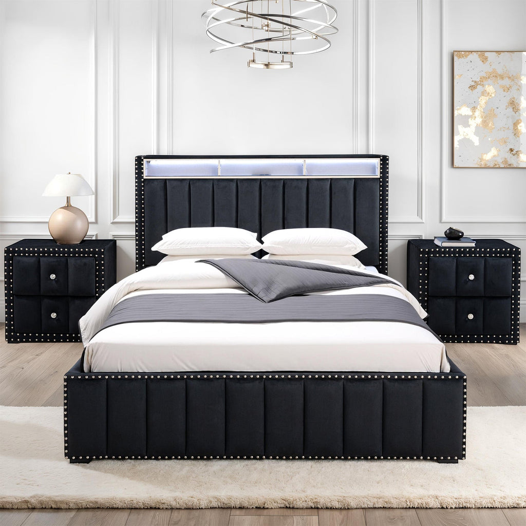 Queen Size Bed And 2x Nightstands Bedroom Furniture Luxury Look Black Fabric Upholstered Bedframe w LED Nailhead Trim 3pc Bedroom Set