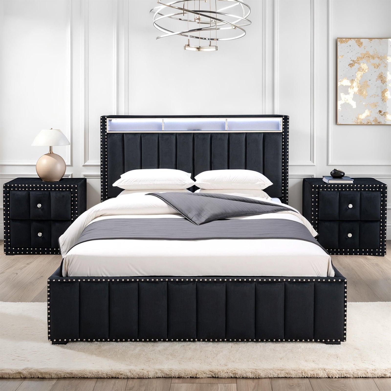 Full Size Bed And 2x Nightstands Bedroom Furniture Luxury Look Black Fabric Upholstered Bedframe w LED Nailhead Trim 3pc Bedroom Set