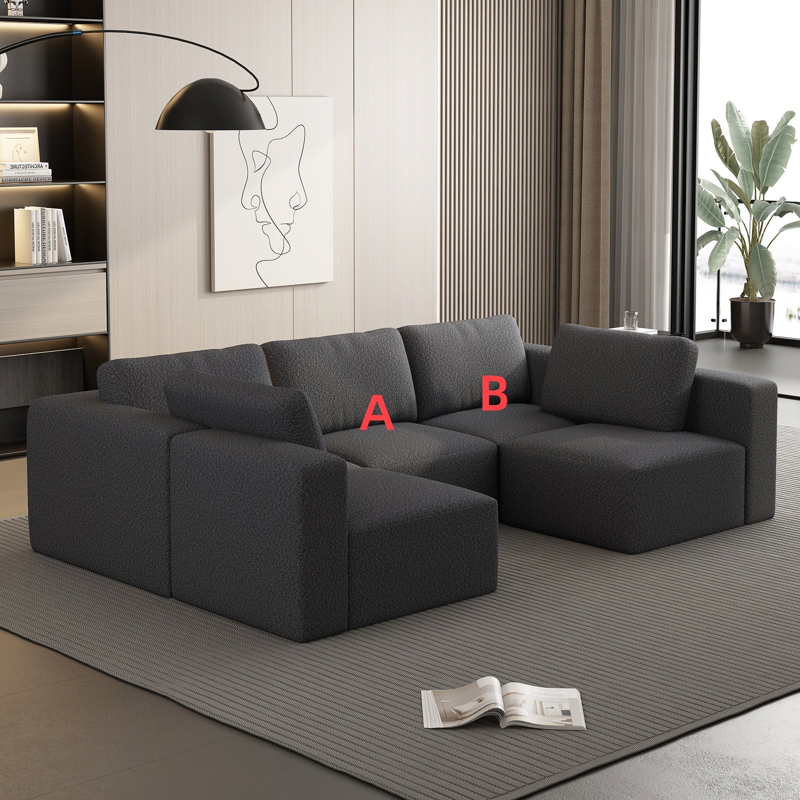 104.32*70.86 Modular Sectional Sofa Sleeper Couch, Sectional Sofa with Chaise and Ottoman, Convertible U Shaped Modular Sofa Set. Compressed sponge, Dark Grey (Combo 3A+2B)