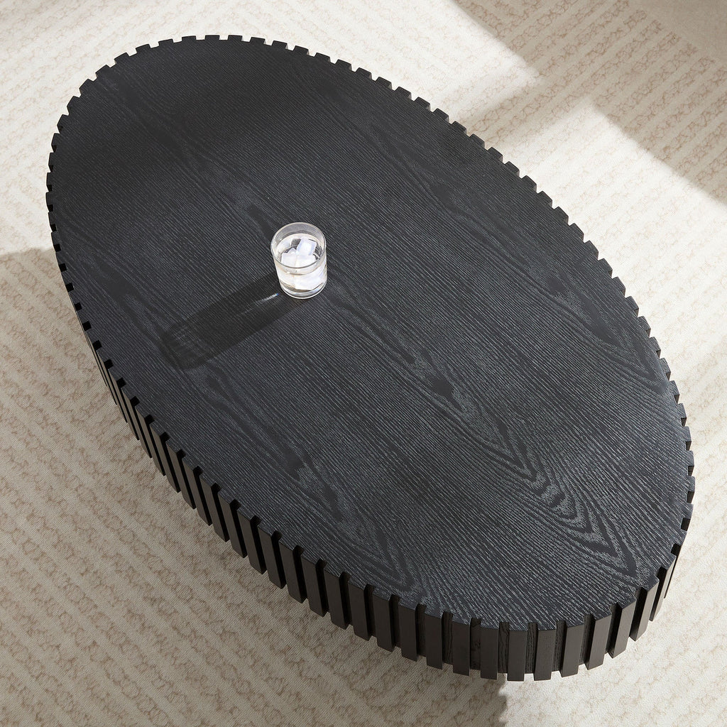 Modern Handcraft Drum Coffee Table Length 43.7 inch Ellipse Coffee Table for Living Room,Oval Small Coffee Table with Sturdy Pedestal,Black MDF