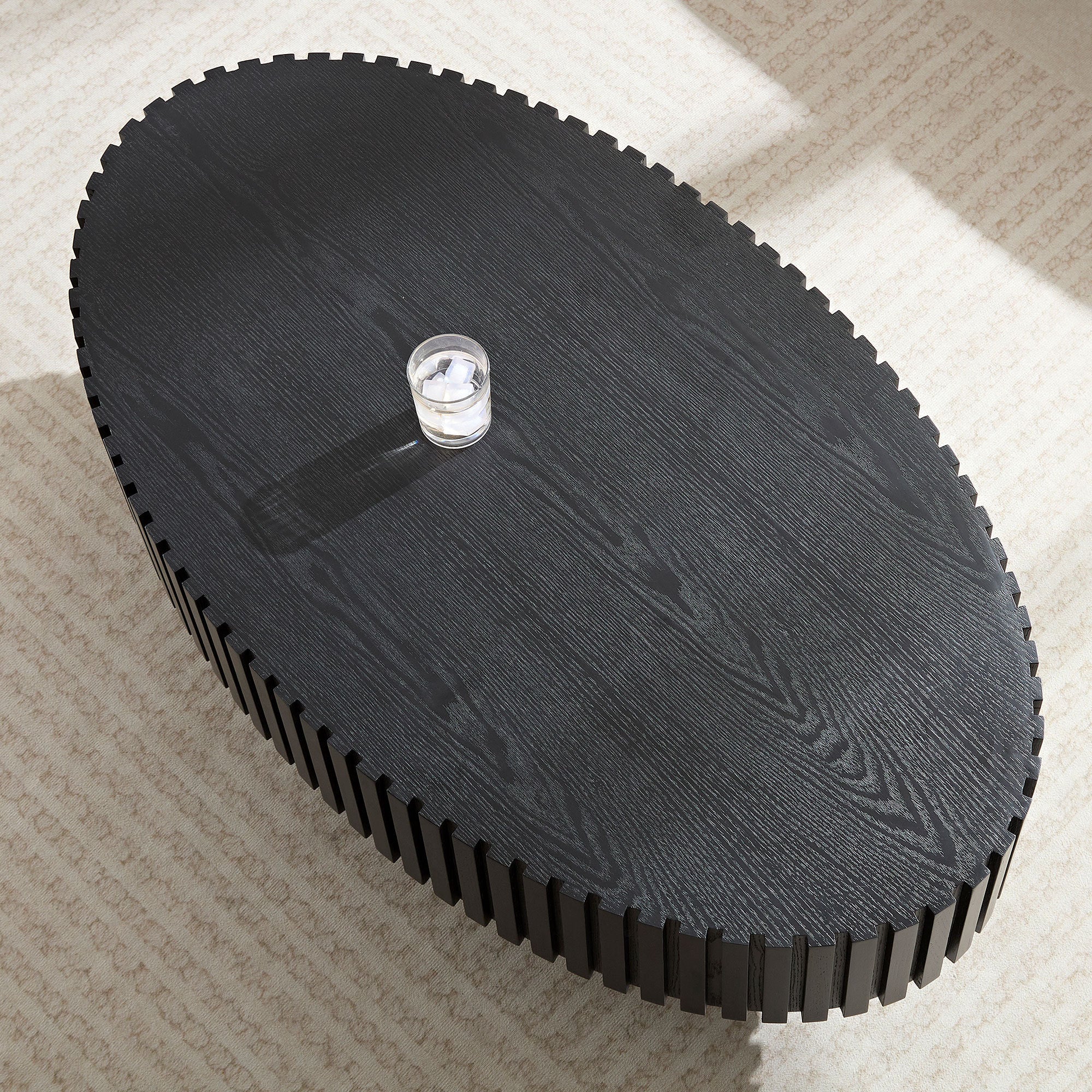 Modern Handcraft Drum Coffee Table Length 43.7 inch Ellipse Coffee Table for Living Room,Oval Small Coffee Table with Sturdy Pedestal,Black MDF