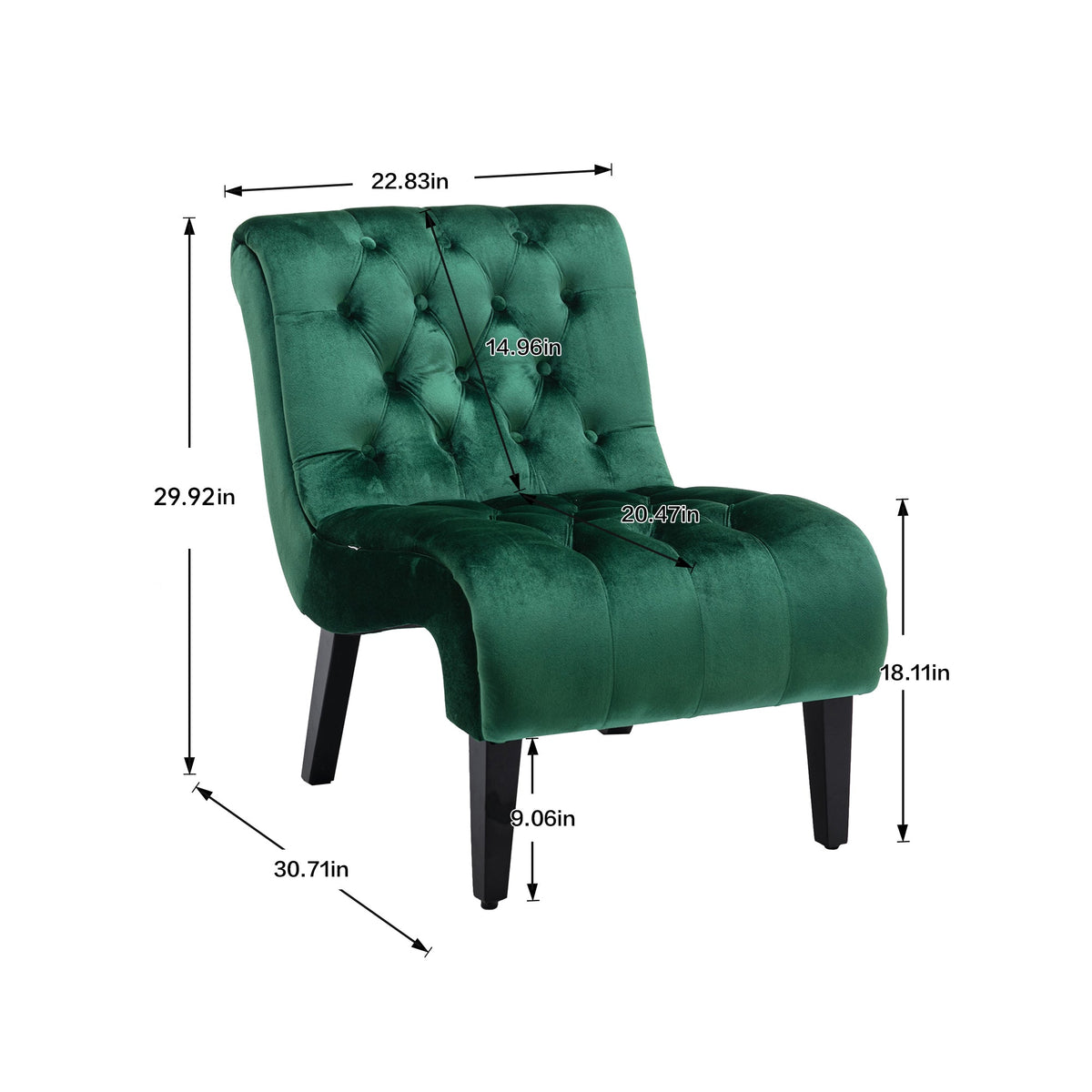 COOLMORE Modern Velvet Armless Accent Living Room Chair / Leisure Chair,Upholstered Fabric Button Comfortable Chair with Wooden Legs for Bedroom, Living Room, Office (Green Velvet)