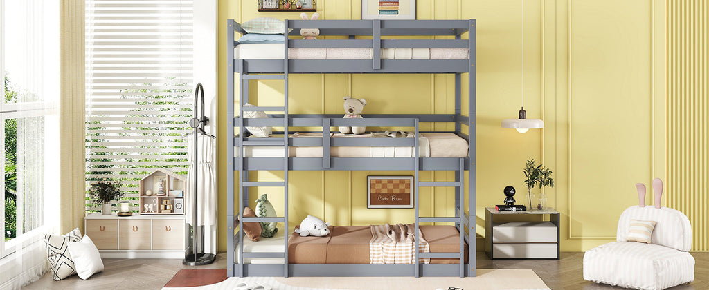 Triple Rubber Wood Bunk Bed with Two Built-in Ladders, Guardrails, Twin over Twin over Twin, Detachable Triple Twin Bunk Bed,Grey