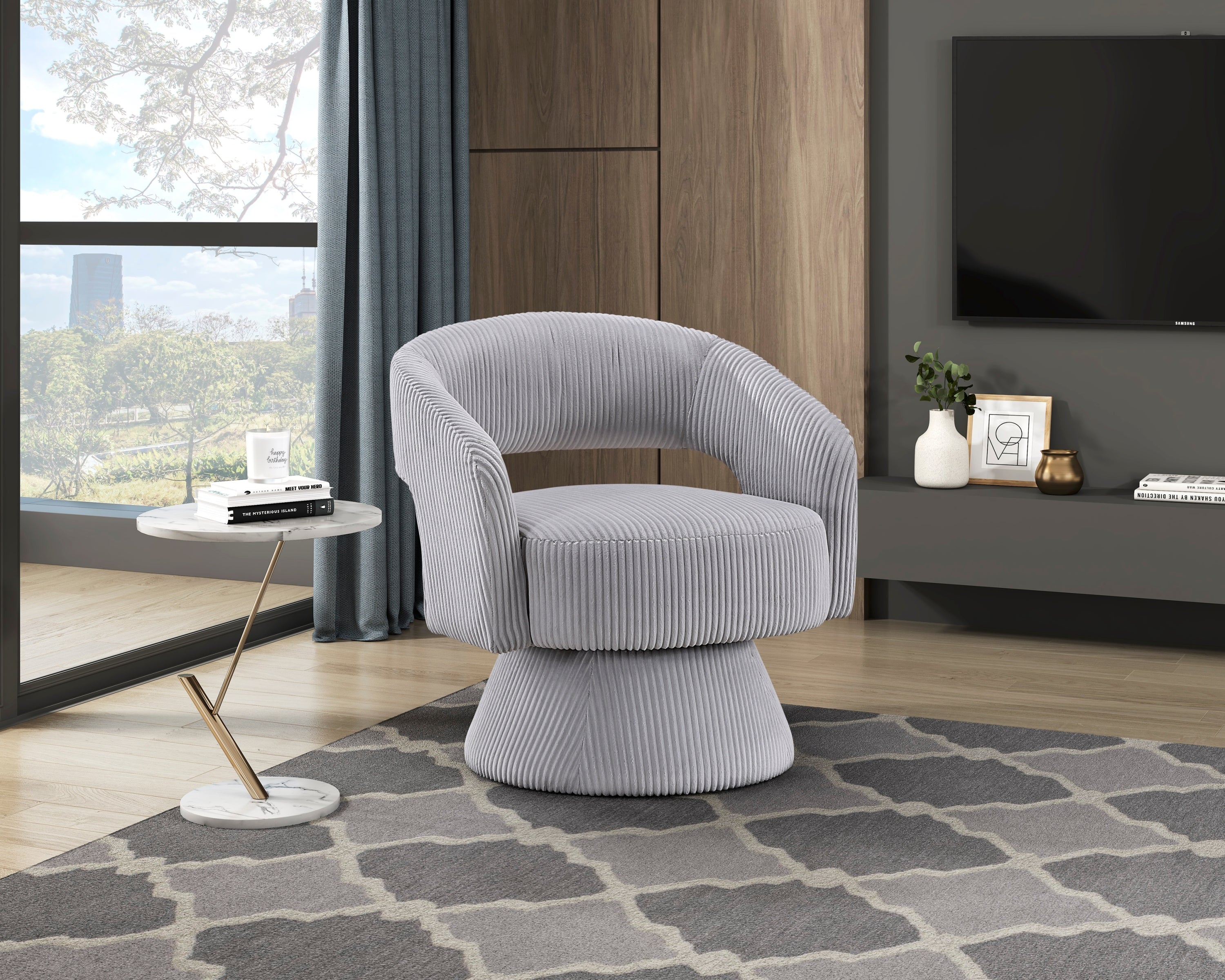Modern Luxurious Swivel Accent Chair Gray Soft Corduroy Upholstery Plush Seating Solid Wood Stylish Home Furniture 1pc