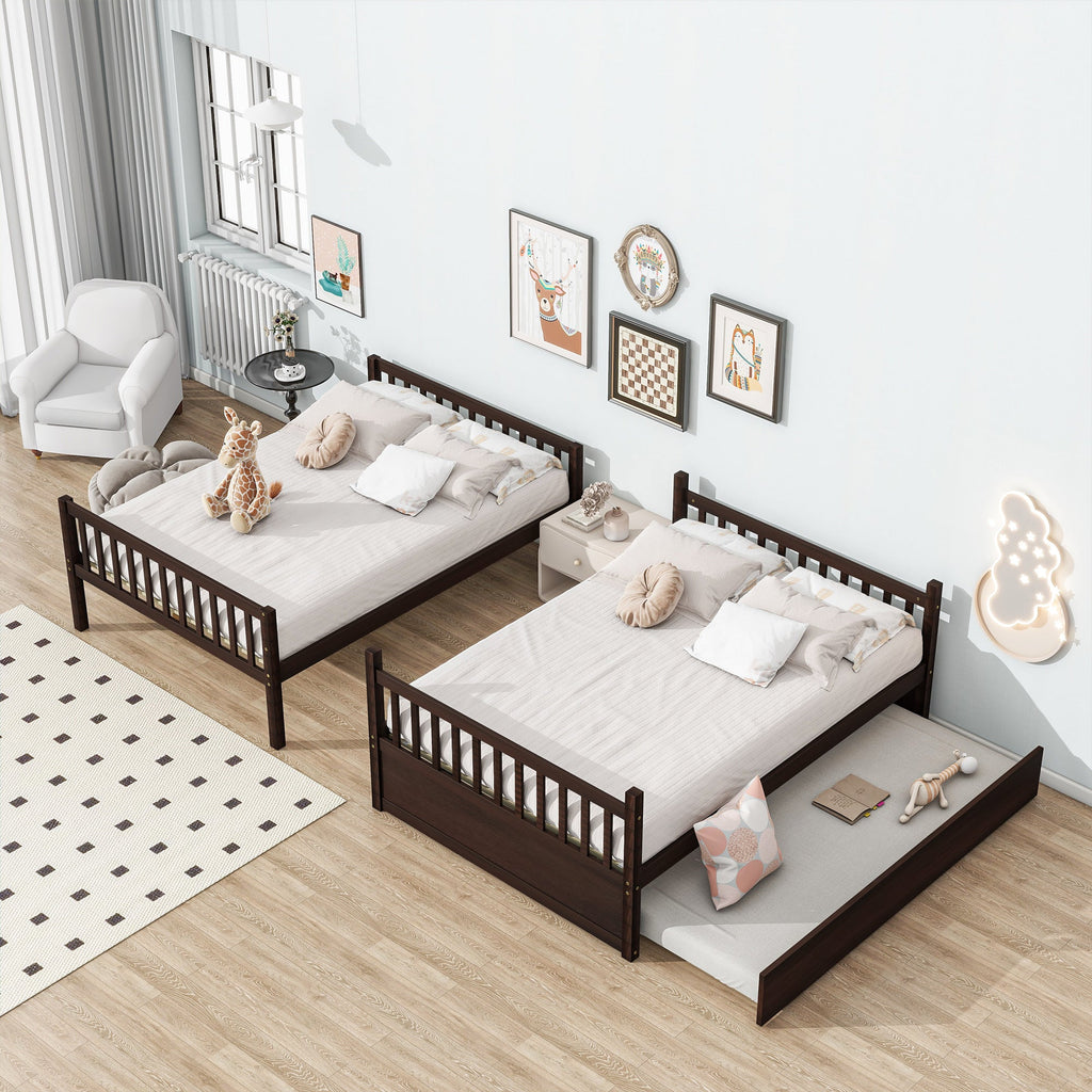 Full Over Full Rubber Wood Bunk Bed with Trundle, Ladder and Guardrails, Convertible to 2 Full Size Beds, with Twin Size Trundle ,Espresso