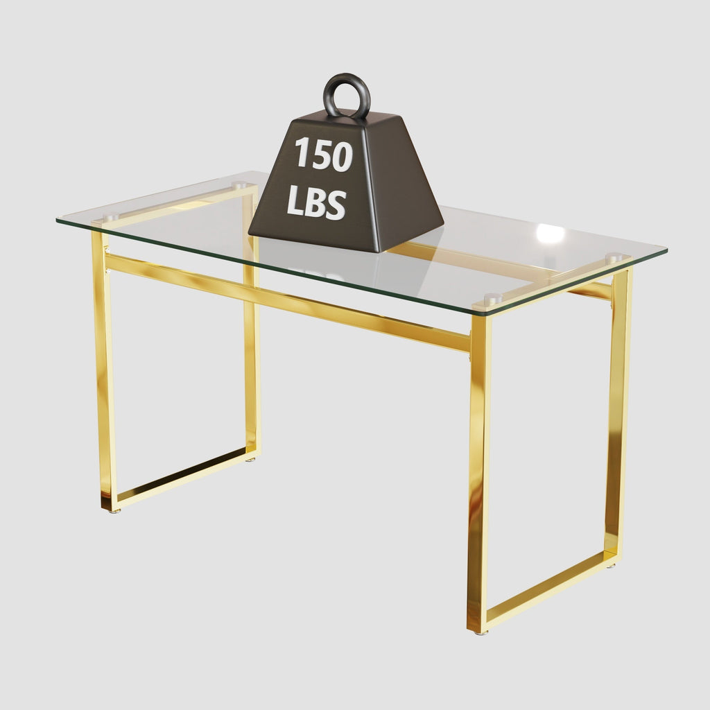 Modern Minimalist Rectangular Glass Dining Table with Tempered Glass Tabletop and Golden Chrome Metal Legs for 4-6
