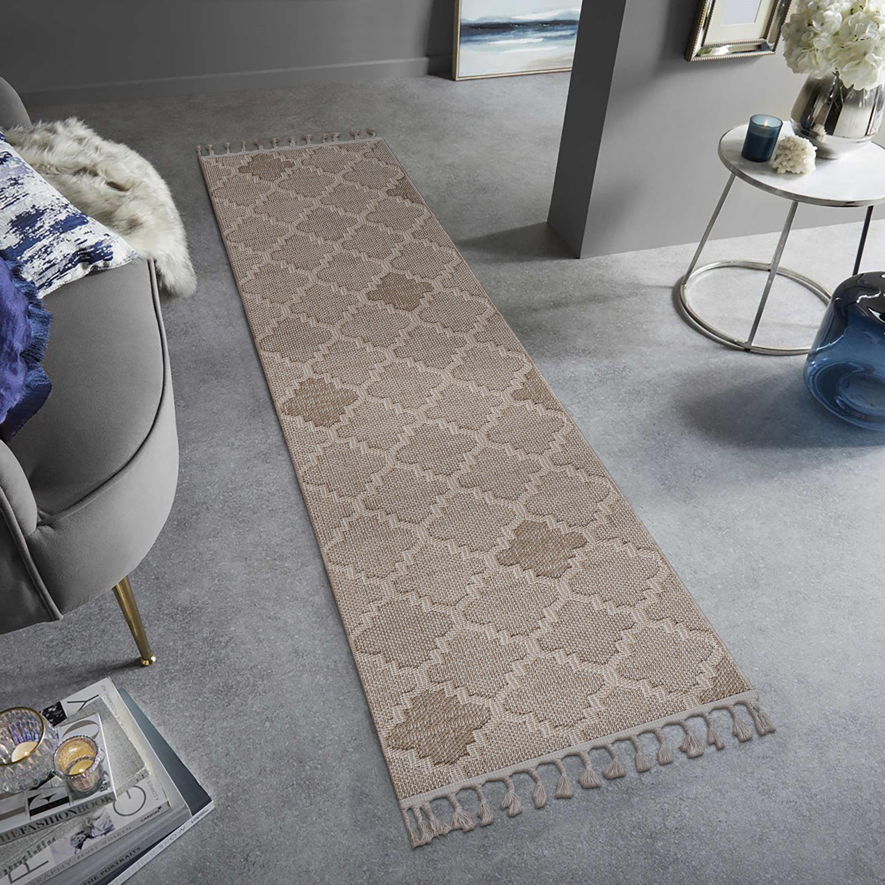 NAAR Guros Collection 2X8 Cream / Trellis Indoor / Outdoor Runner Rug