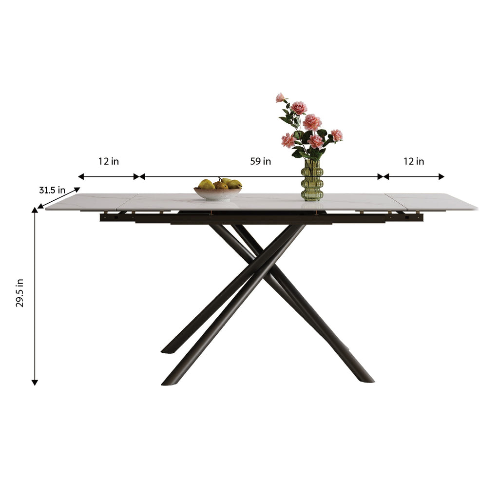 Modern Retractable Sintered Stone Dining Table with Black Carbon Steel Legs, White, 83 Inches for 6-8 Seats