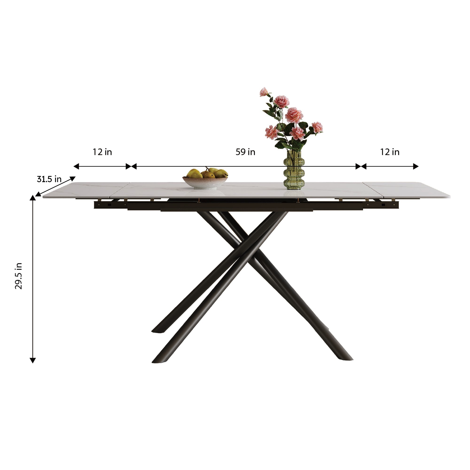Modern Retractable Sintered Stone Dining Table with Black Carbon Steel Legs, White, 83 Inches for 6-8 Seats
