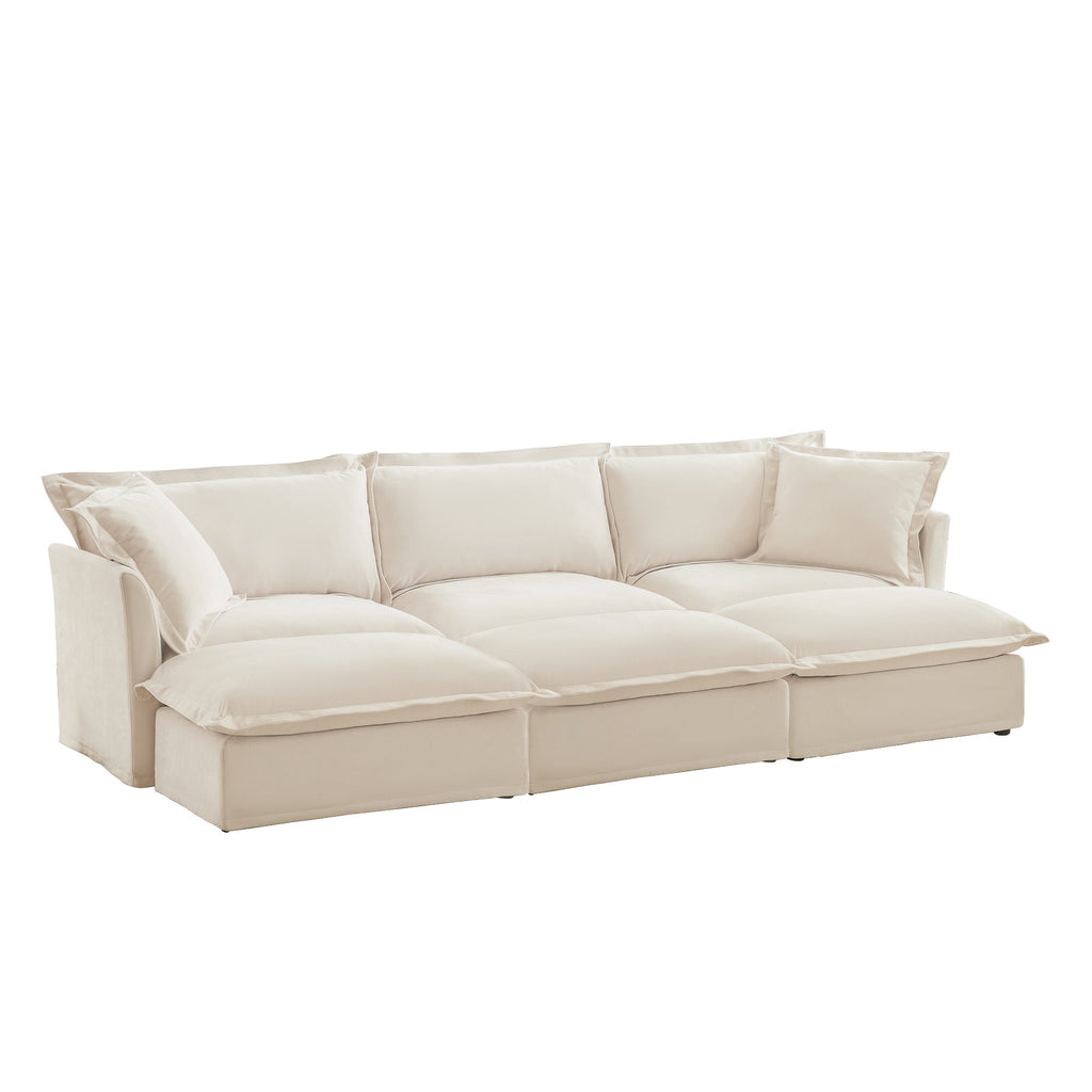 Living Room Sofa Slipcovered Sofa 3 Seater Sofa With 3 Ottomans, Oversized 3-Seat Sleeper Sofa Bed Home Theater Sofa, Chenille, Cream