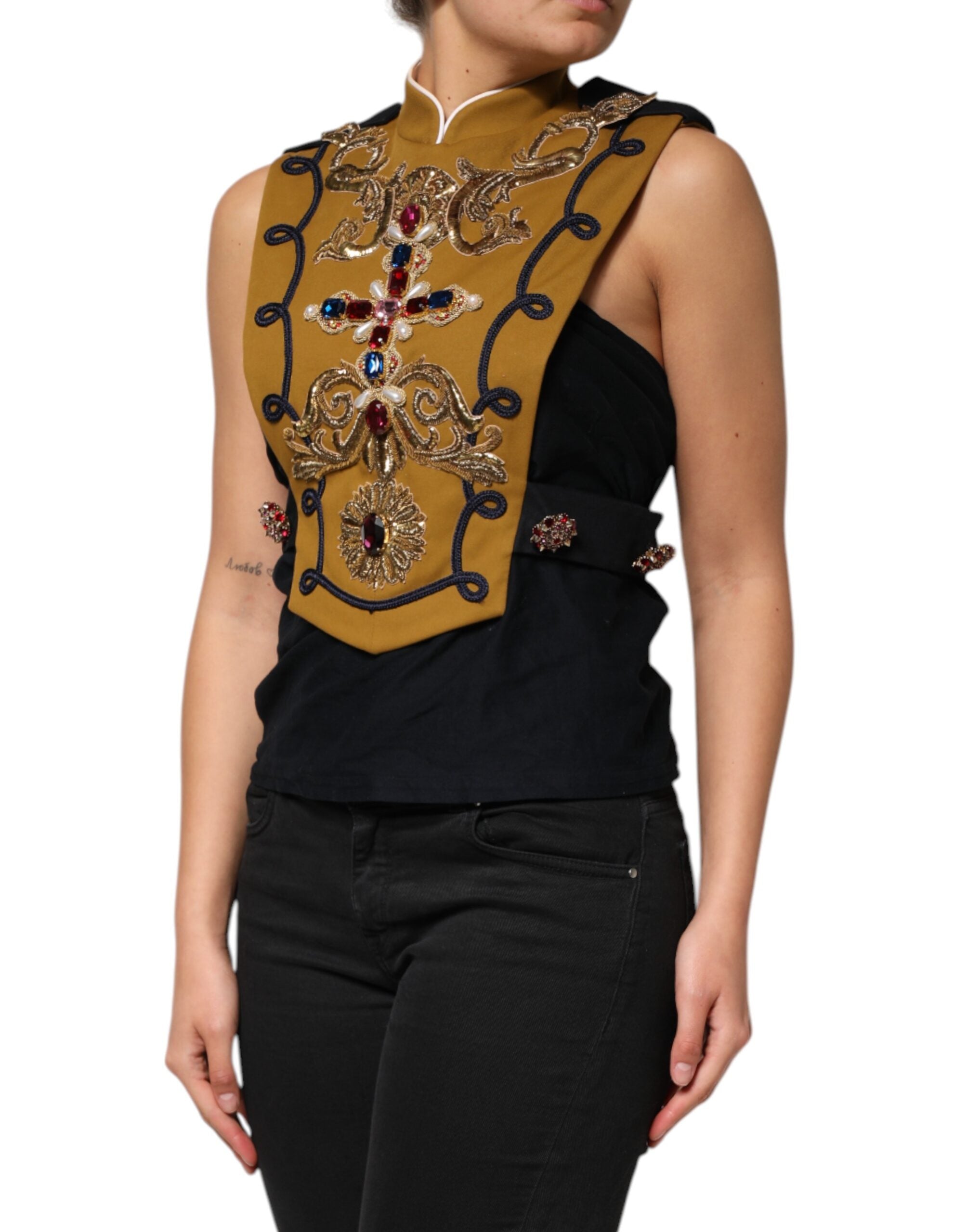 Dolce & Gabbana Yellow Crystal Cross Runway Vest Jacket Top