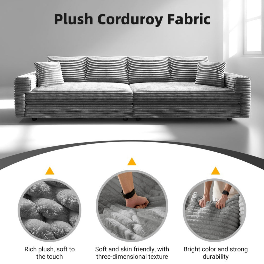102.4 'Plush Corduroy 4-Seat Sofa,Modern Comfy Upholstered Sofa Cloud Couch,Deep Seat Couches with Soft Pillows and Movable Ottoman,Convertible Sofa Lounge Chair,for Living Room,Apartment,Office,Grey
