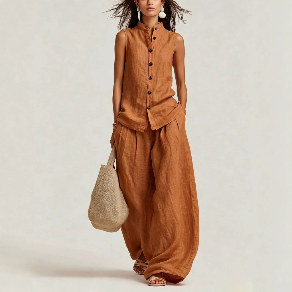 Women's Cotton-Linen Sleeveless Crewneck Vest & Pants Set
