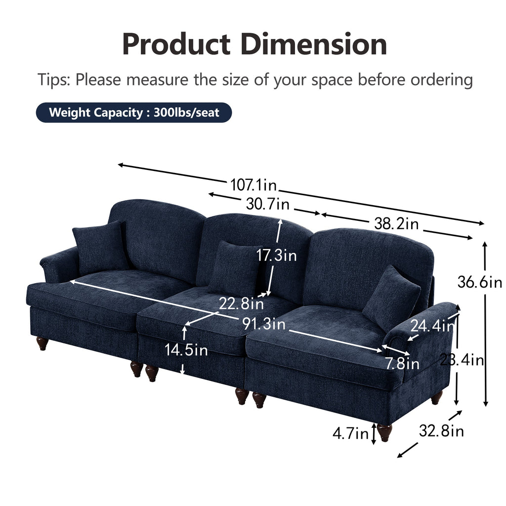 Elegant Mid Century Large 3 Seater Sofa Couch with Flared Arms and Removable Ruffles Pleats Skirts and Spindle Legs, Comfy Chenille Three-Seat Sofa for Living Room, Blue