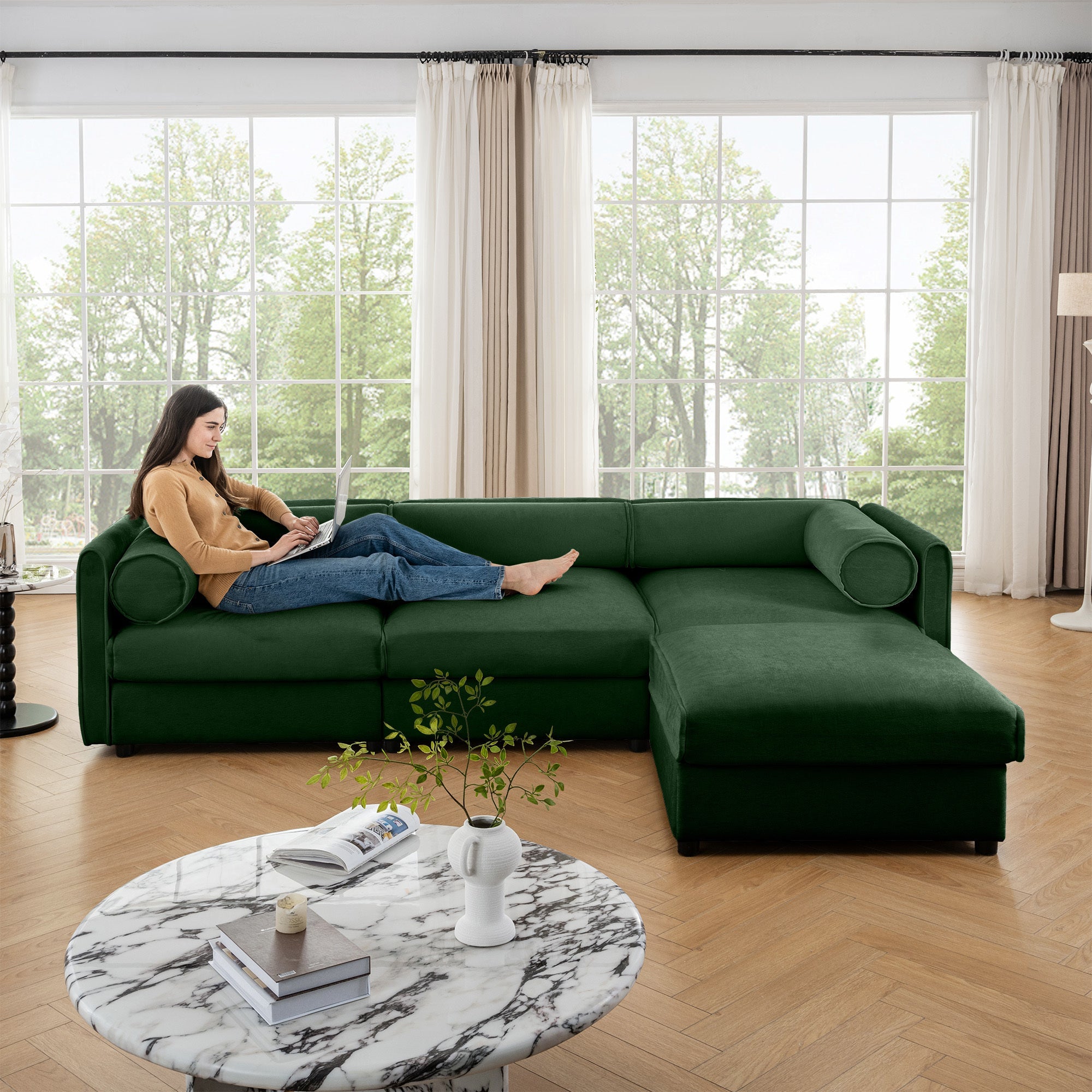 Elegant Green Chenille  Sofa with Storage Seat and Ottoman, L-Shaped 3-Seater Cylindrical Backrest and Armrests, Contemporary 3-Seater Fabric Couch with Hidden Storage Compartment