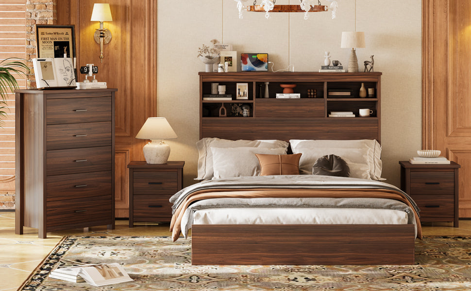 4PCS Bedroom Sets, Wooden Queen Size Bed Frame with Storage Headboard and Charging Station, 2 Nightstands with 2 Drawers, 1 Dresser with 5 Drawers, Walnut(old SKU HL000102AAD)