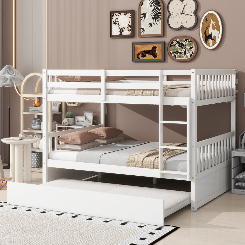 Full Over Full Rubber Wood Bunk Bed with Trundle, Ladder and Guardrails, Convertible to 2 Full Size Beds, with Twin Size Trundle,White