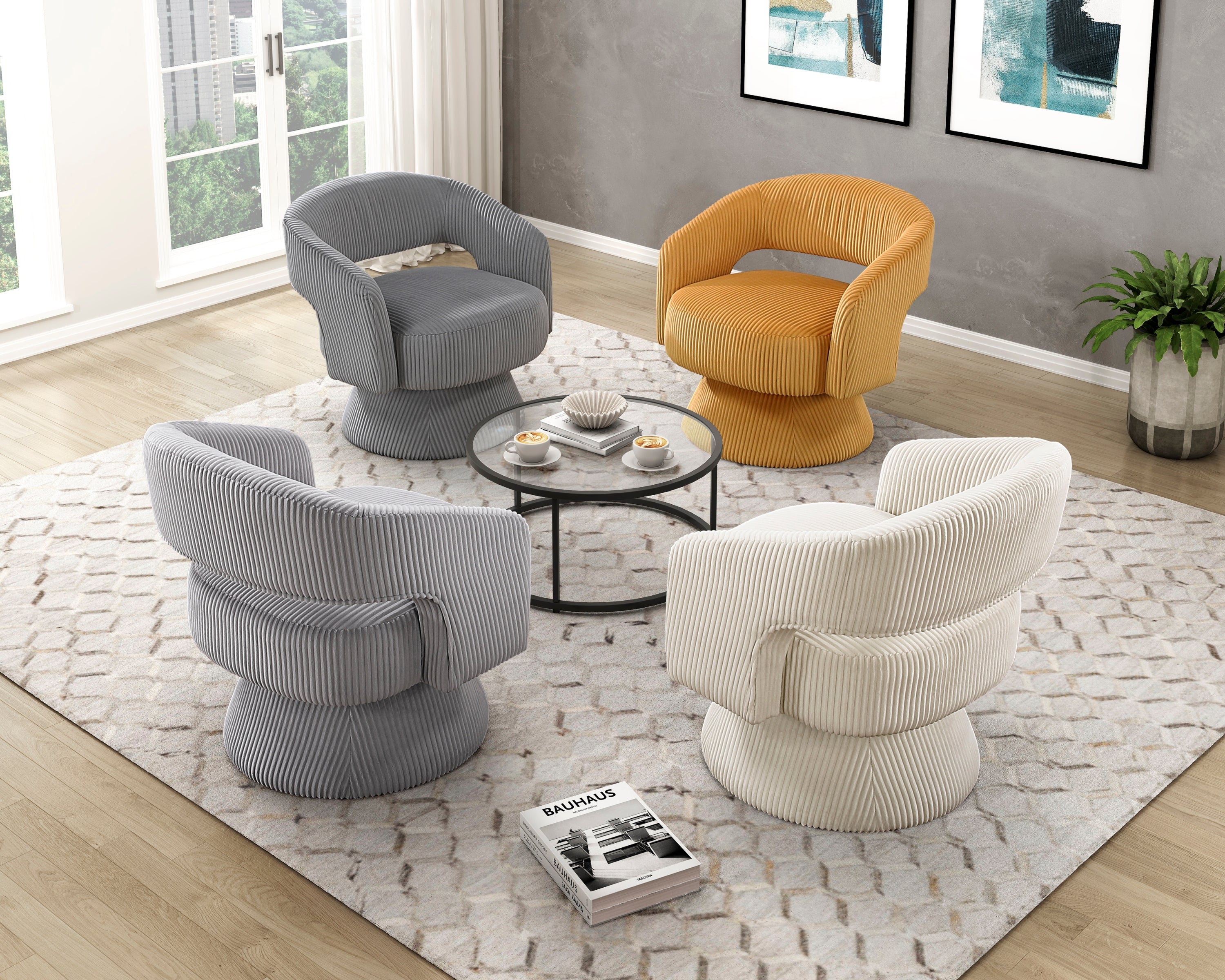 Modern Luxurious Swivel Accent Chair Beige Soft Corduroy Plush Seating Solid Wood Stylish Home Furniture 1pc