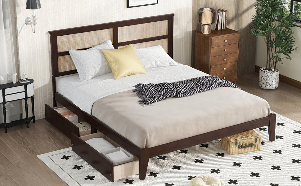 King Size Bed with Rattan Headboard, Two Storage Drawers, Rubber Wood Bed with Enhanced  Support Salts and Feet,Espresso