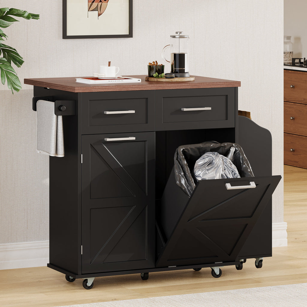 K&K 47.2' Farmhouse Kitchen Island with Drop Leaf, Kitchen Storage Island with Removable Side Racks, Two Drawers, Rolling Kitchen Cart on Wheels with Towel Rack, for Home, Kitchen, Dining Room, Black