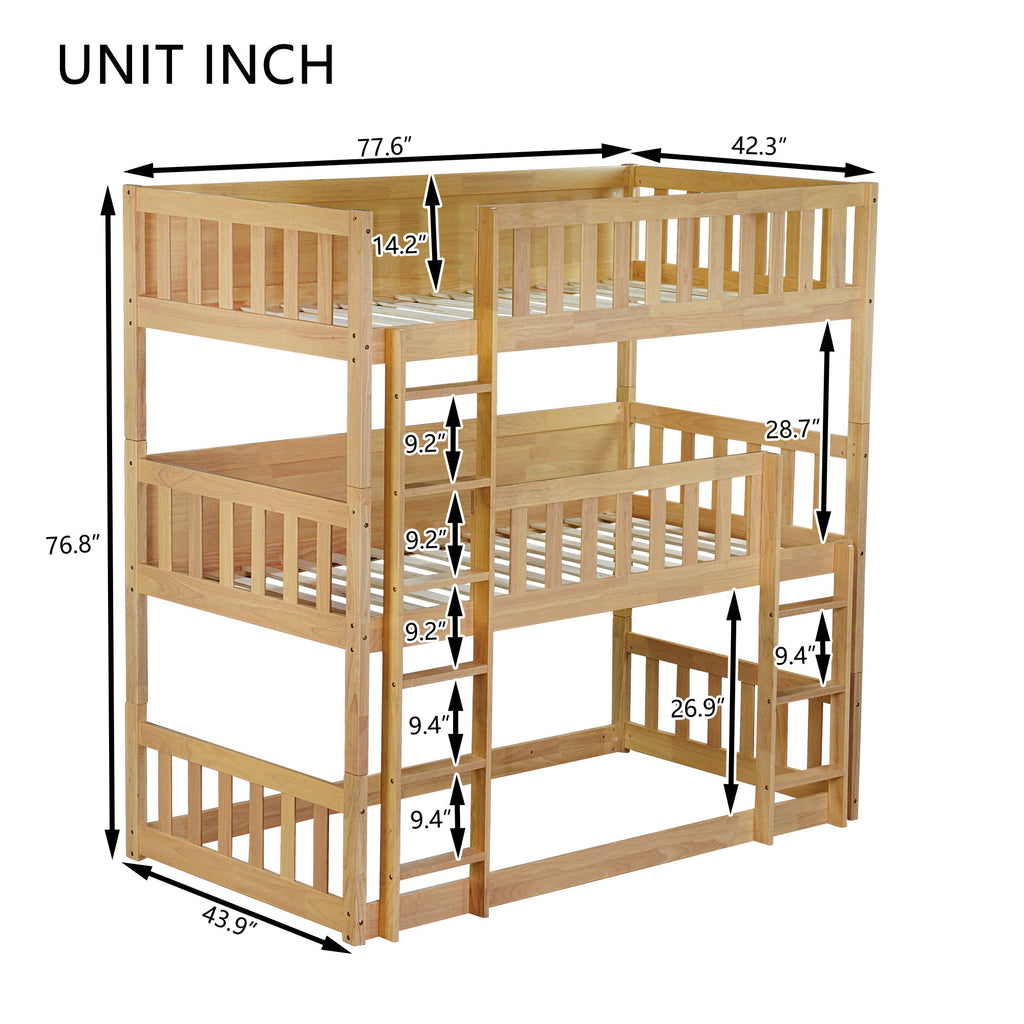 Twin Size Triple Rubber Wood Bunk Bed, with Ladders, Guardrails Detachable Bunk Bed, Twin over Twin over Twin,Natural