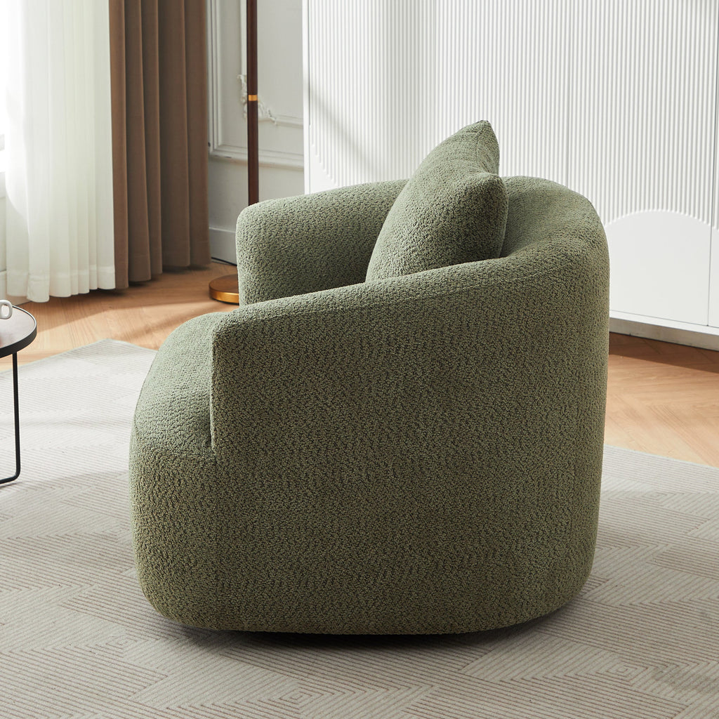 360° Swivel Chair, Chenille Upholstered Barrel Sofa Chair with Throw Pillow, Green, 38.2' for Living Room, Bedroom, Office