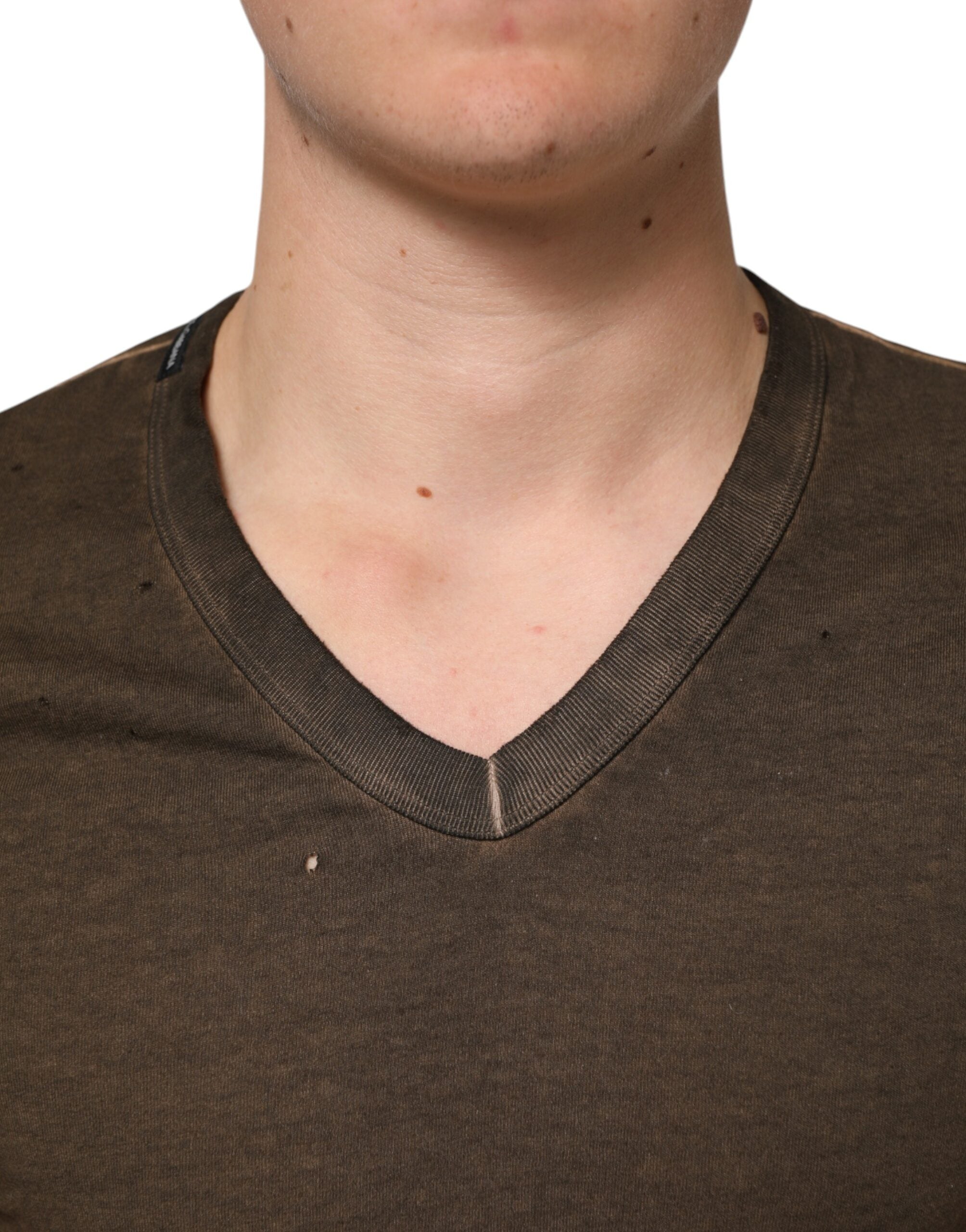 Dolce & Gabbana Dark Brown Cotton Tattered Logo Men T-shirt