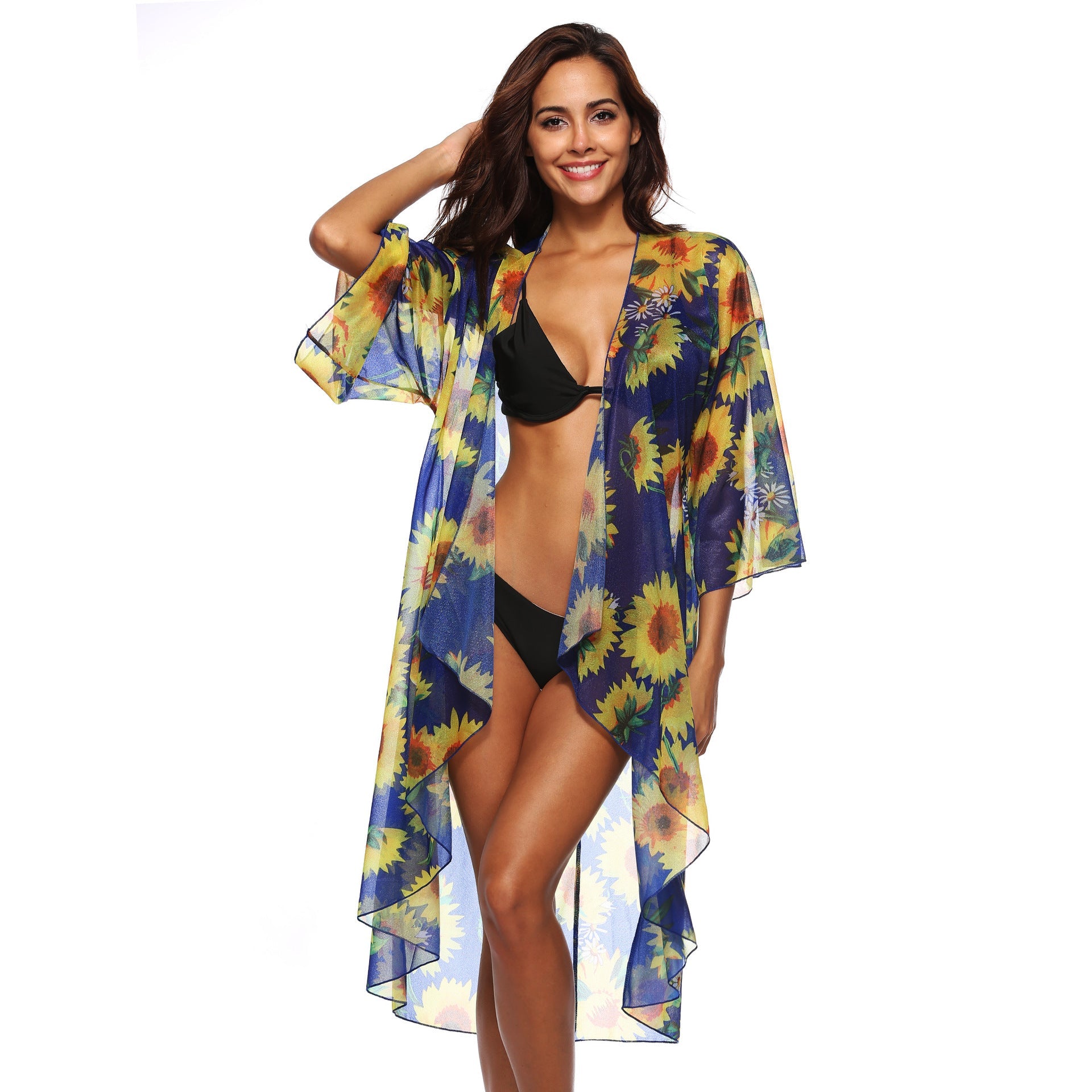 Sunflower Printed Cardigan 3/4 Sleeve Irregular Asymmetric Sexy Loose Sun Protection Dress Coat