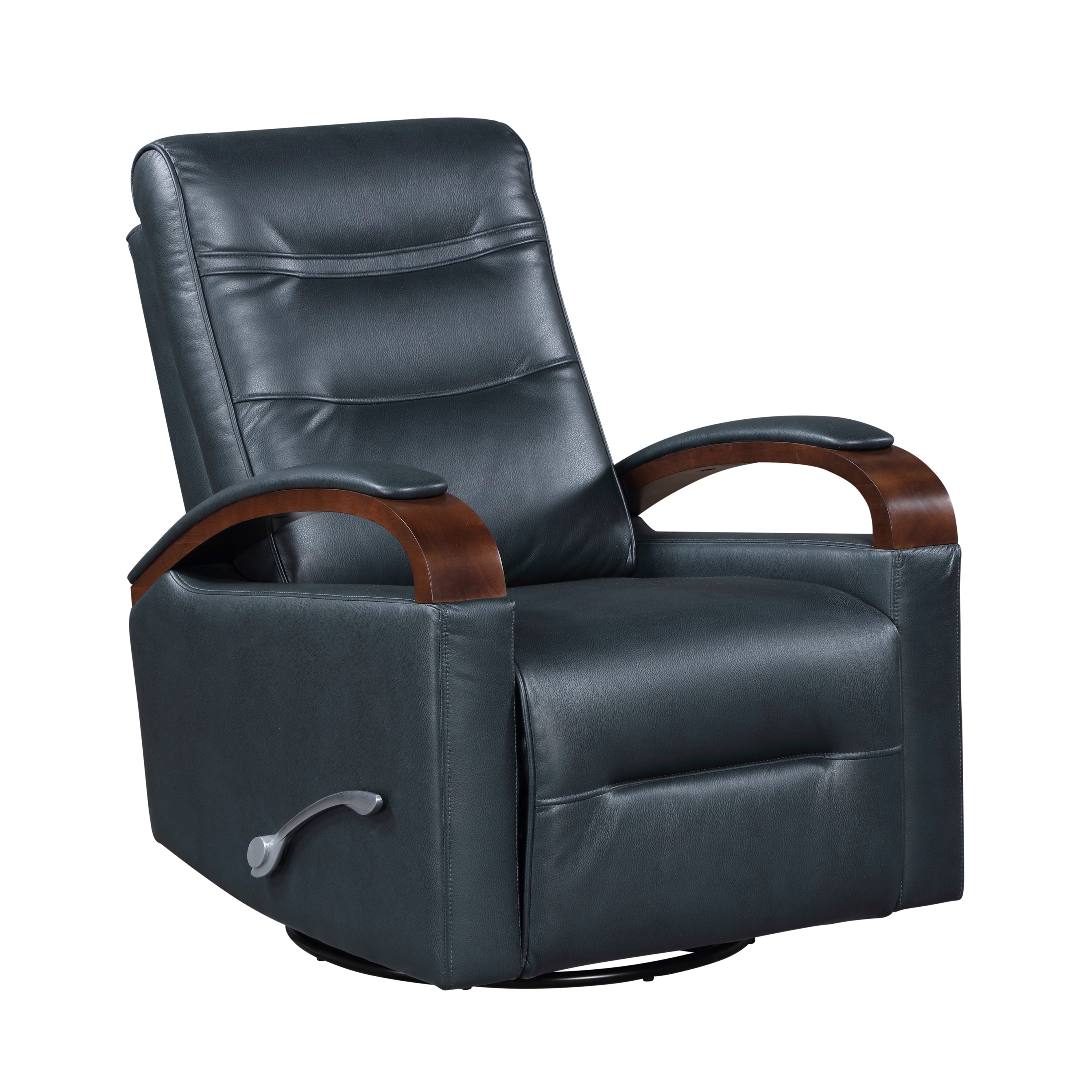 1pc Swivel Gliding Recliner Faux Leather Upholstered Solid Rubberwood Arms Luxurious Living Room Furniture, Navy
