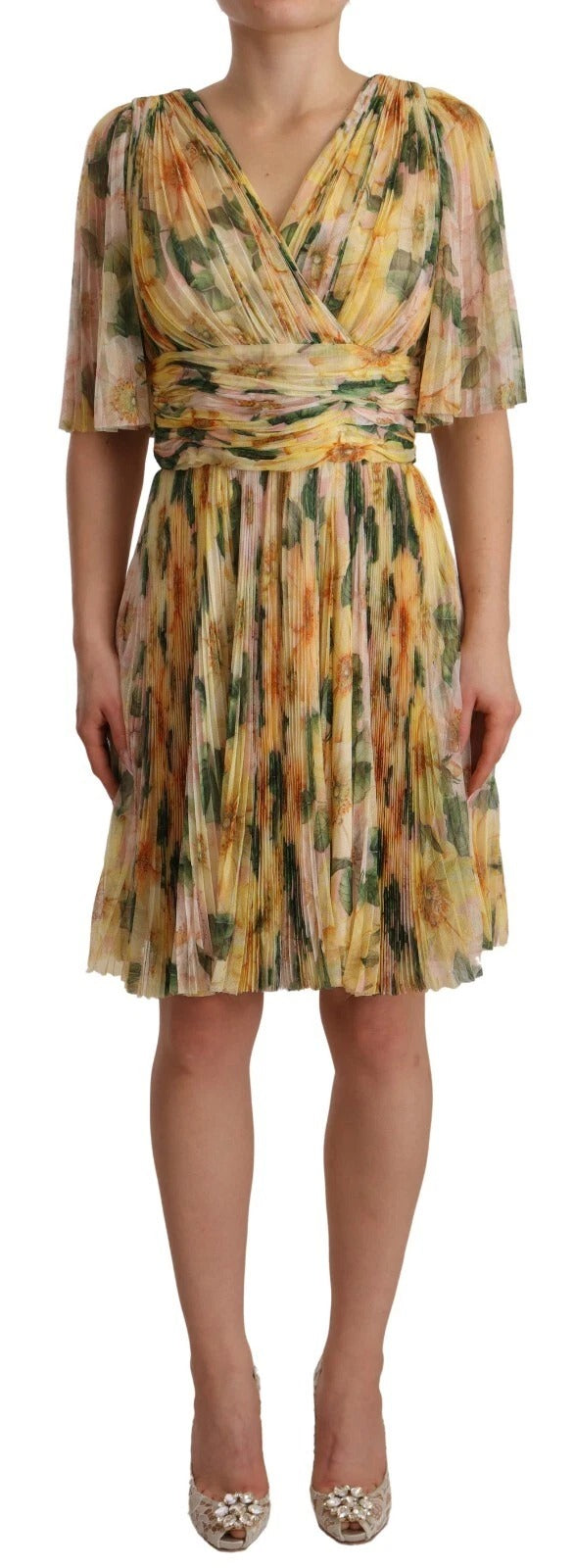 Dolce & Gabbana Yellow Floral Print Pleated Maxi Dress