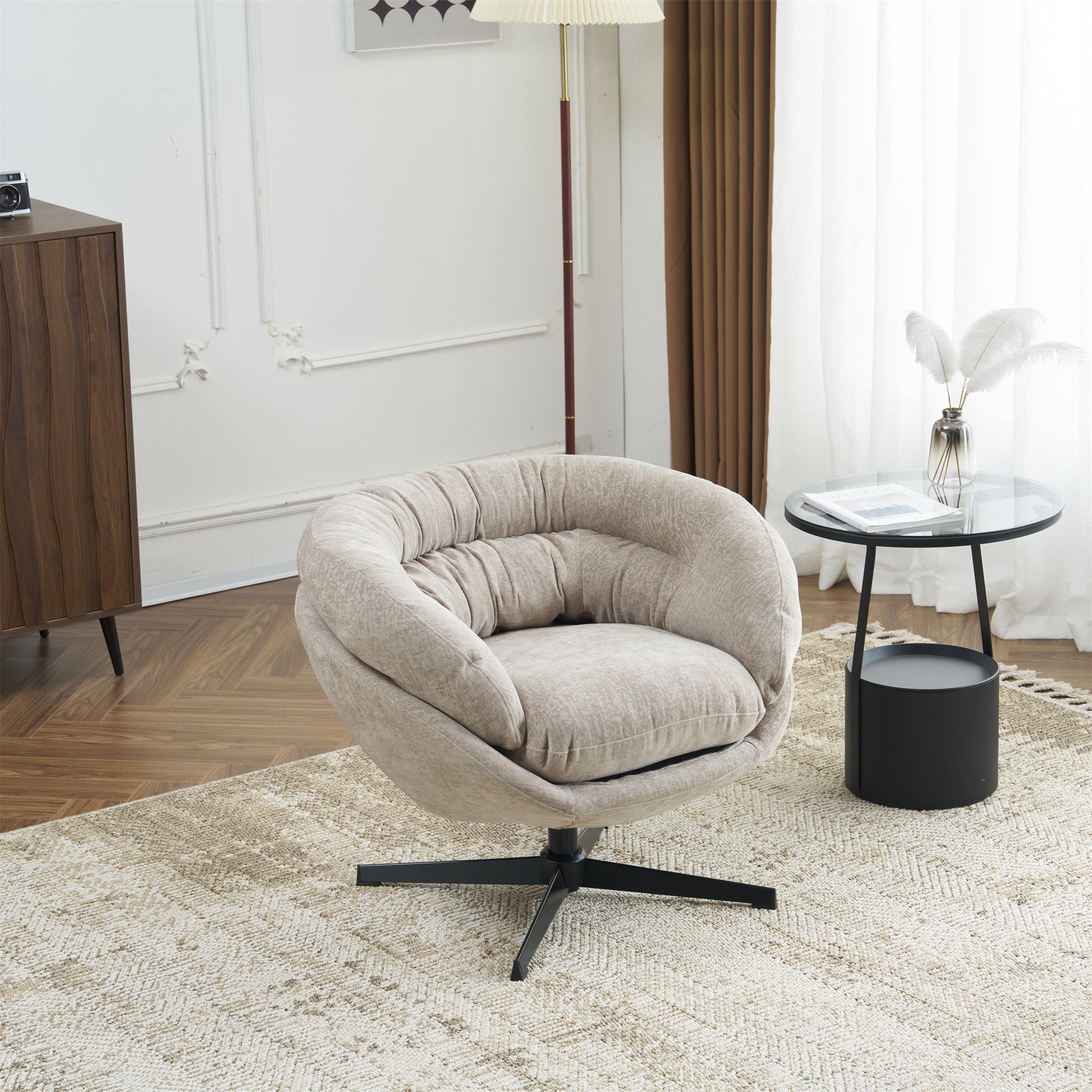 Modern Chenille Office Chair, 360° Swivel Club Chair/Accent Chair with Removable Cushion, Round Office Chair, Black Metal Base, Cotton Material, Living Room, Bedroom, Reading Corner, Office (Brown)