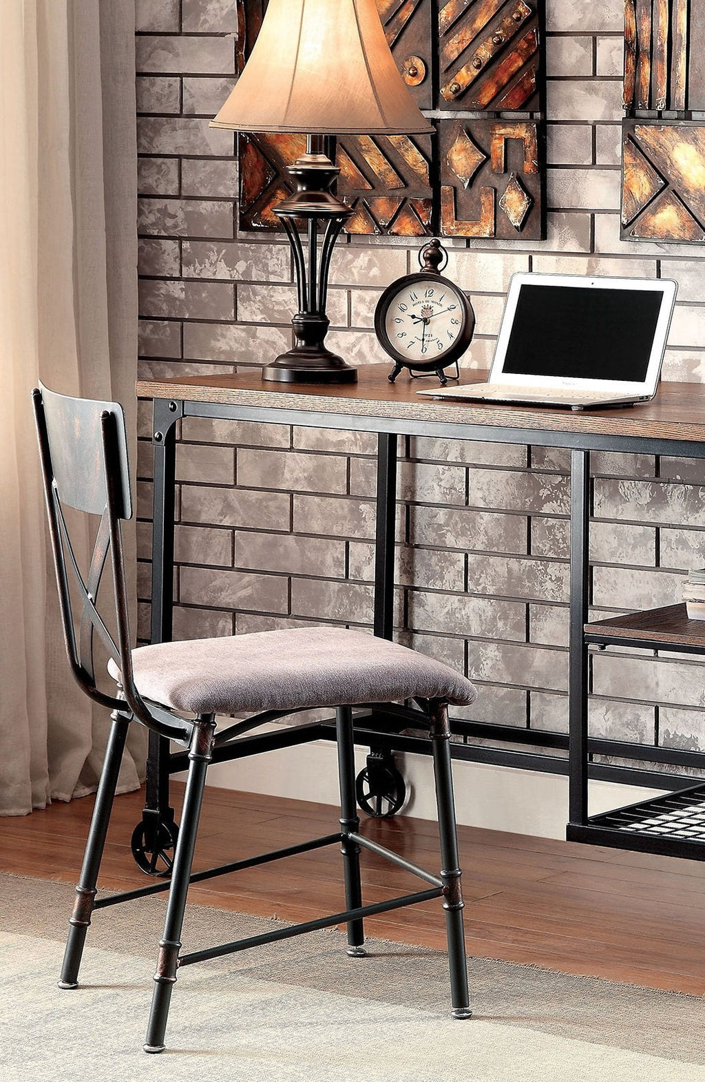 Industrial Inspired Desk With An Antique Black Metal Construction Replicated Wood Top And Caster Wheel Accents