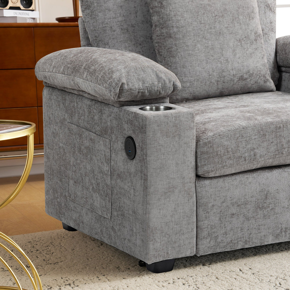 Modern Oversized Chair with Ottoman,Chenille Fabric Sofa Bed,Accent Chair Comfy Sofa with Cupholders and USB Charging Ports Chair for Living Room,Bedroom,Apartment