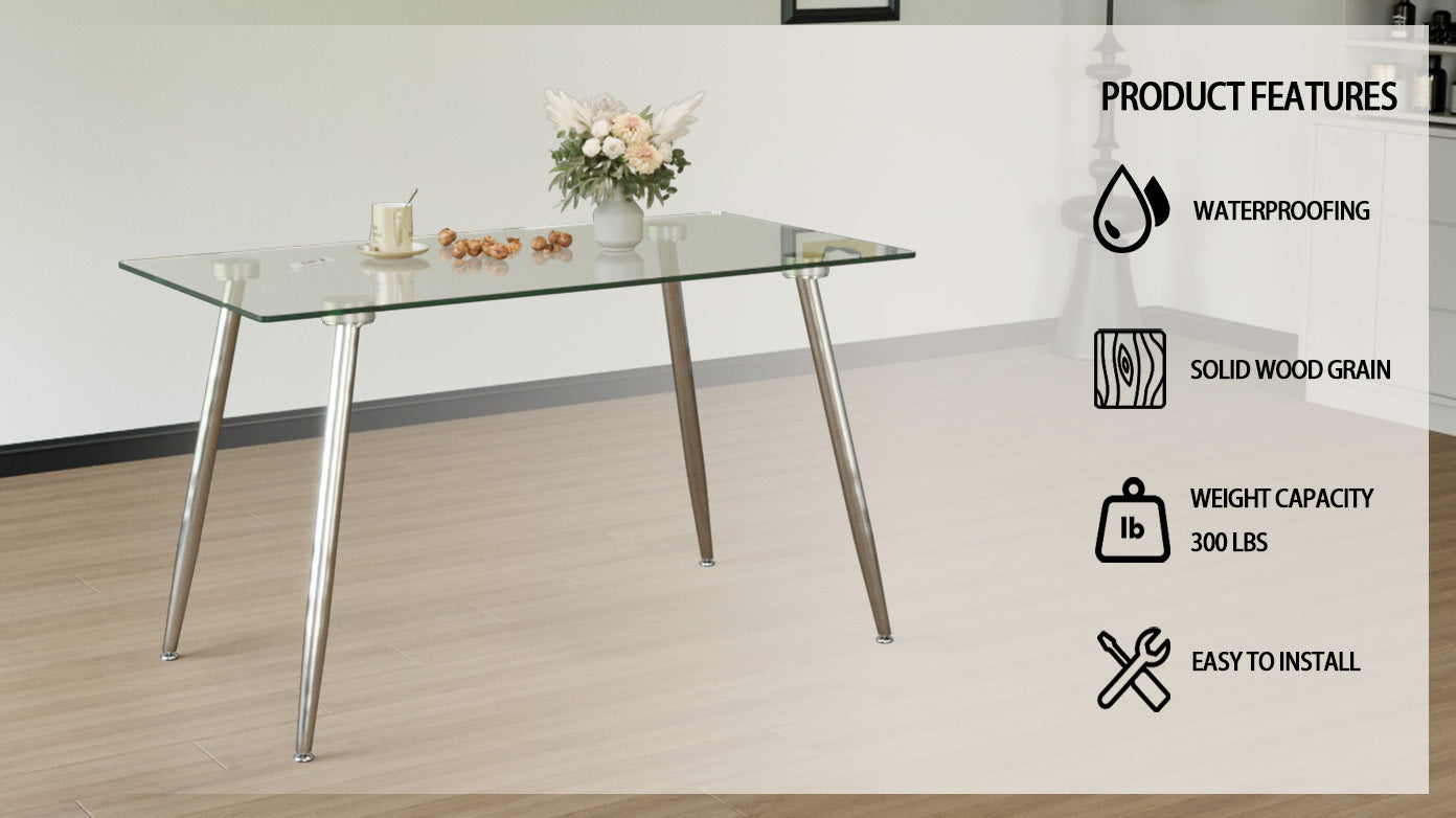 Glass Dining Table, Modern Rectangular Table with Tempered Glass Tabletop & Sliver metal Legs, Simplistic Kitchen Table, Versatile Table for Home Office (0 damage)